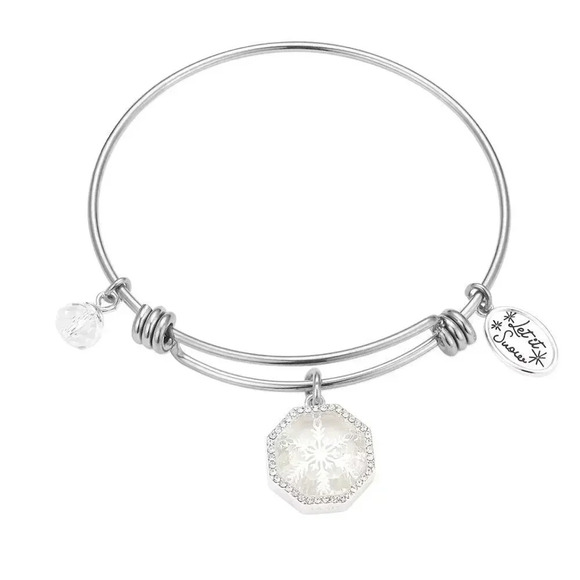 Let It Snow"Crystal Snowflake Shaker Charm Adjustable Bangle Bracelet - Picture 4 of 4
